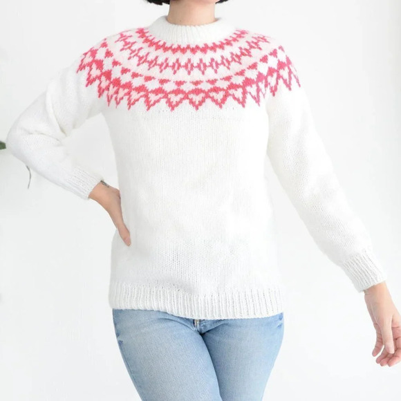 Vintage Handmade Cream Knit Cowichan Fair Isle Icelandic Fisherman Sweater S - Picture 1 of 12